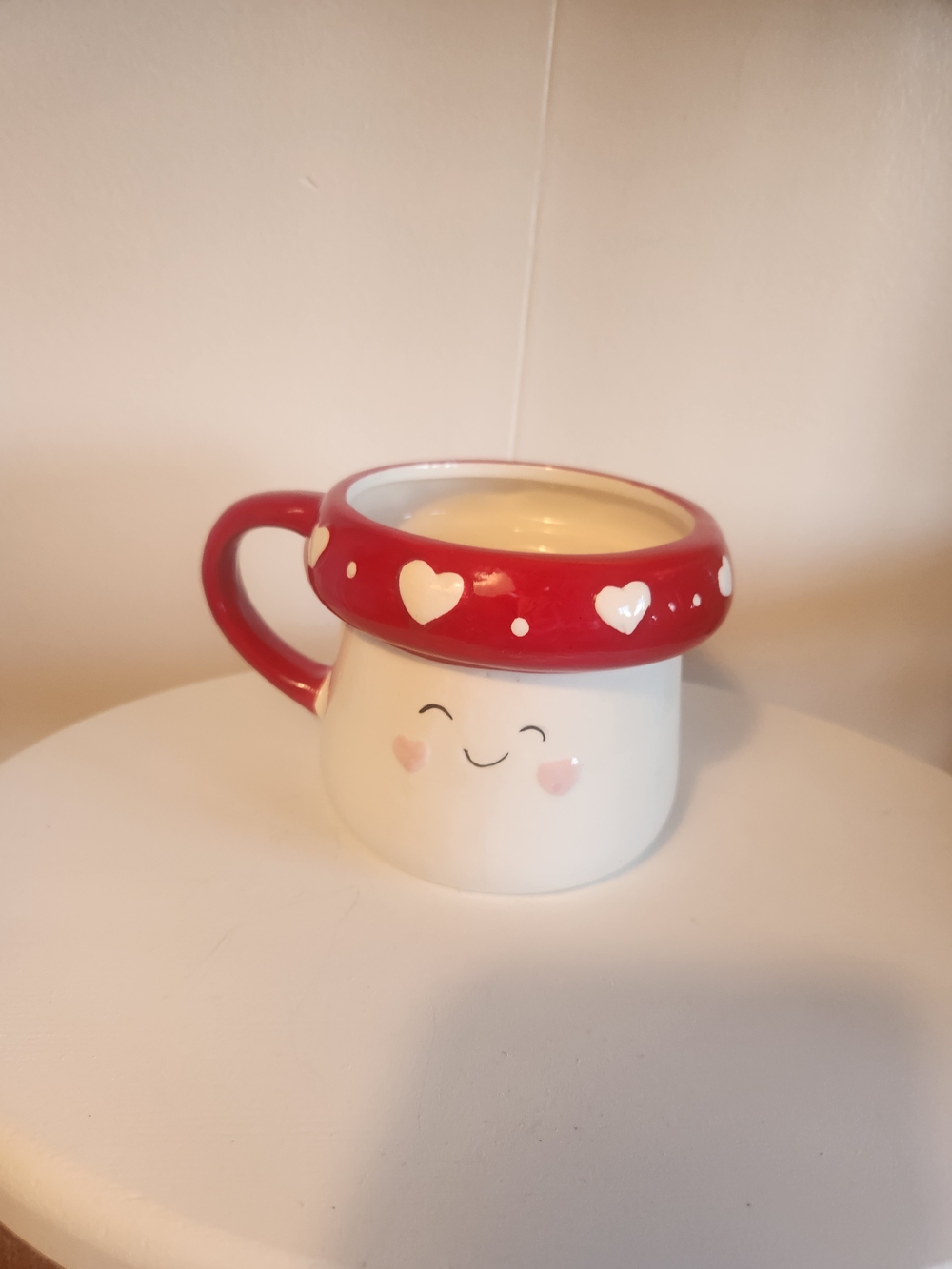 Baby Mushroom Whimscal  Heart Rim Ceramic Mug - White and Red
